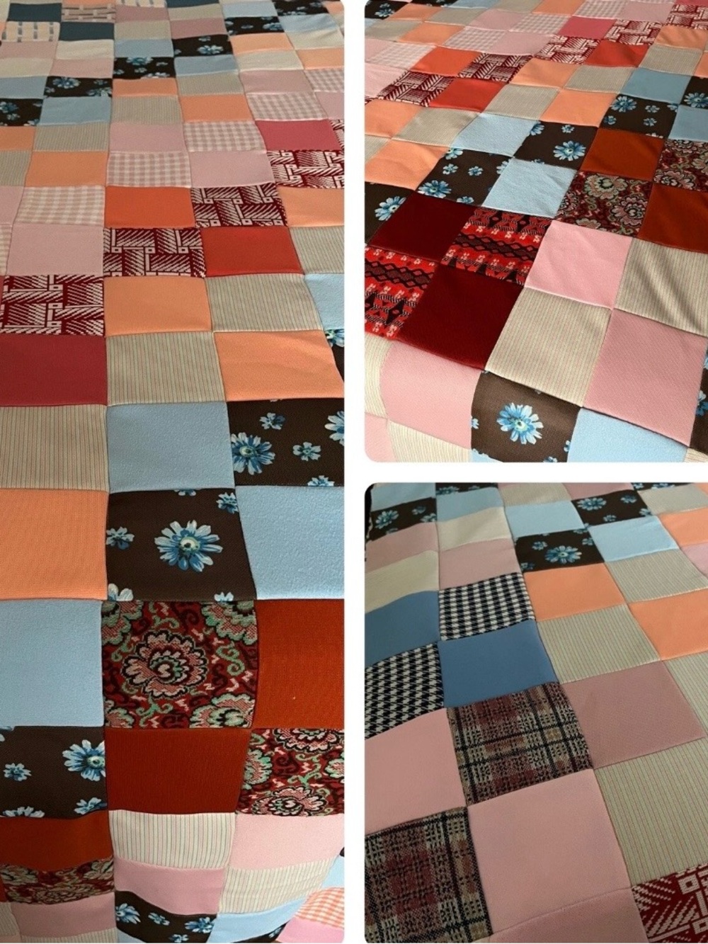 Vintage 1970s Patchwork Quilt Top - Retro Poly Knit Scraps (74" x 58")